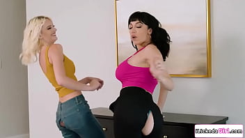 Kenna james goes to the kitchen to comfort her friend little puck they get carried away puck is rubbing her clit on kennas legs like a total slut