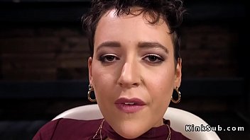 Brunette in stockings fucking machine