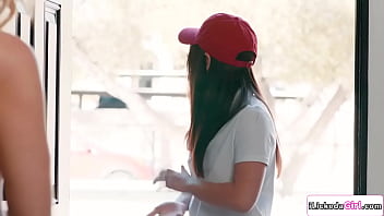 Mochi monda delivered the last parcel for the lynn and mochi monda invites her to have strip her naked then lick her shaved pussy