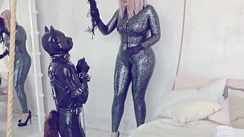 Shiny kind soft mistress and happy submissive petplay latex rubber female domination arya grander