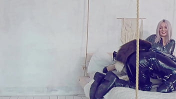 Shiny kind soft mistress and happy submissive petplay latex rubber female domination arya grander