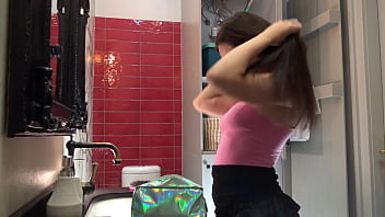 Cute hot brunette amateur babe has the shortest mini skirt to flash pussy and her round sexy ass in the bathroom