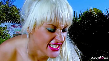 Blonde big boobs cougar in leggings seduce young guy to cheating sex