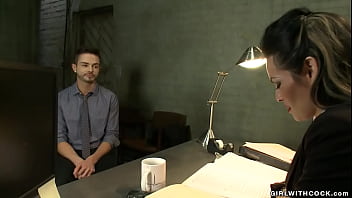 Corrupted big tits brunette shemale agent ts foxxy takes advantage of guy turk mason who is applied for citizenship and fucks his throat in the office