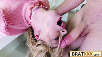 Petite blonde twists and takes it deep in a living room action