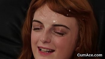 Flirty looker gets jizz load on her face eating all the juice