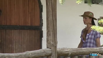 Her small tits bounce while the brunette milf is having anal sex in the barn