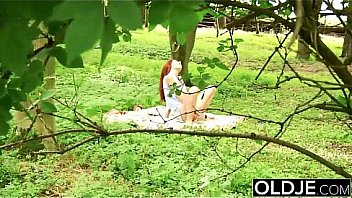 Beautiful young girl hardcore fucks grandpa in the forrest gets facial cum