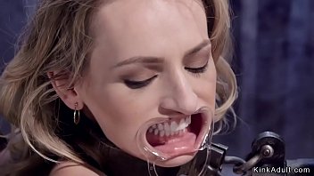 Blonde slave natasha starr in bondage gets bastinado then blindfold and gag till in metal stock gets dick on a stick up her wide pussy