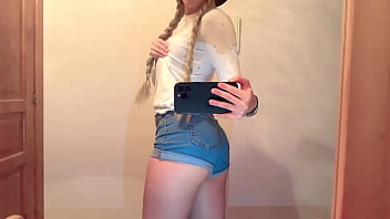 Cute girl films herself in the mirror before going to college and gets very horny