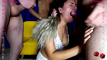 Latina in white lingerie gives blowjobs to 3 friends