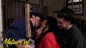 Hairy tamer double penetrated in stable for her first time