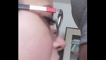 Glasses wearing aprill on her knees desperately trying to swallow down my dick