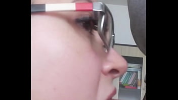 Glasses wearing aprill on her knees desperately trying to swallow down my dick