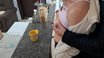 A stepdaughter is surprised while having breakfast