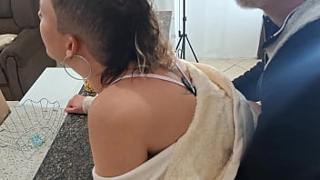 A stepdaughter is surprised while having breakfast