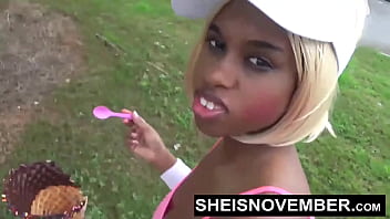 A lost bet causes me to give a kneeling blowjob with eye contact after a match cute young slut sheisnovember suck a strangers big dick bbc closeup with big boobs and brown nipples out outdoors flashing her big ass and panties by msnovember