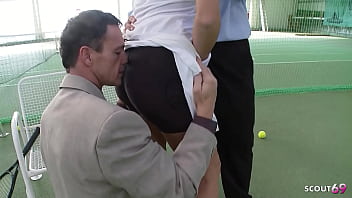 Nymphomaniac tennis girl talk two big dick boys to fuck her anal and dp before massive cumshot on court
