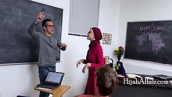 This milf teacher in hijab knows how to handle 3 dicks at once