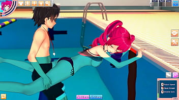 Hentai kasane teto in swimsuit enjoys the pool with guy