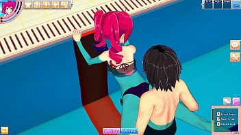 Hentai kasane teto in swimsuit enjoys the pool with guy