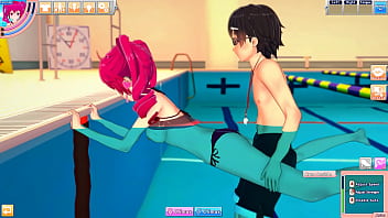Hentai kasane teto in swimsuit enjoys the pool with guy