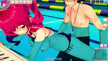 Hentai kasane teto in swimsuit enjoys the pool with guy