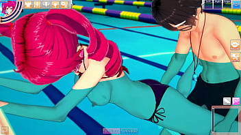Hentai kasane teto in swimsuit enjoys the pool with guy