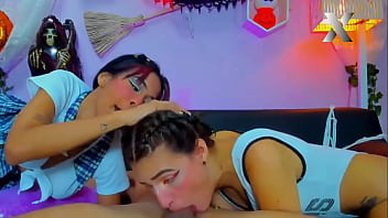 Two slut girls enjoying a lucky guy inside their house