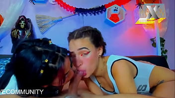 Two slut girls enjoying a lucky guy inside their house