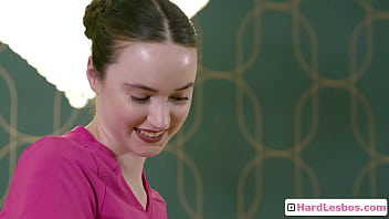 Big tit blondie customer seduced by brunette masseuse and kiss her nice