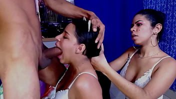 On their knees they fuck these two girls' throats