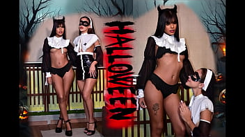 Lesbians between succubus and nun on halloween