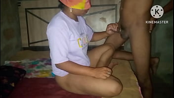 My stepsister's husband returns from a trip and i give him a good welcome