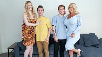 Boys night in turns into a wild foursome with busty stepmoms