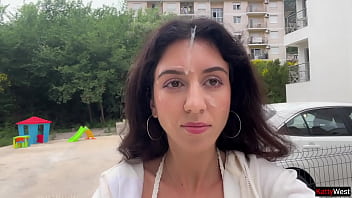 Hottie gets a portion of cum on her face after hot sex and walks the streets public cumwalk