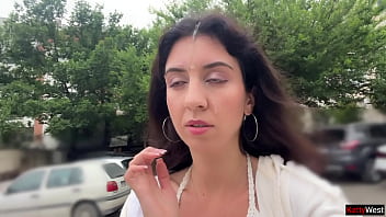 Hottie gets a portion of cum on her face after hot sex and walks the streets public cumwalk