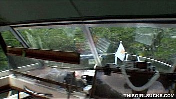 Lovely brunette facialized in a boat