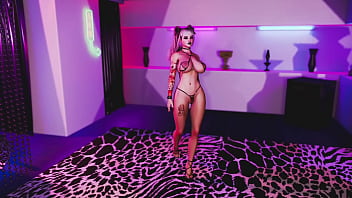 Thick tattooed slut in revealing bikini dancing in the neon room of stripclub