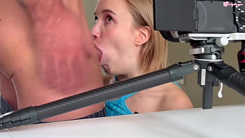 Backstage sloppy deep throat close up with drenched in spit