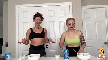 Two friends eat and belch