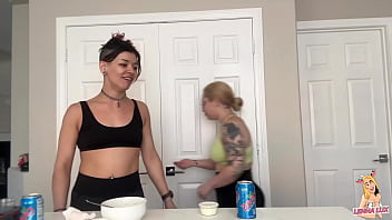 Two friends eat and belch