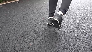 Walk on the road wearing fluffy sneakers