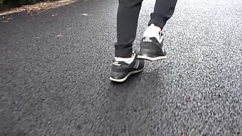 Walk on the road wearing fluffy sneakers