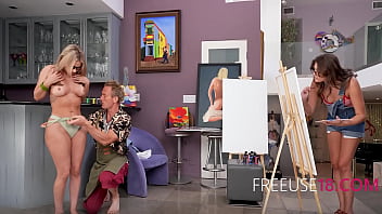 Stepsisters ride the art instructor while painting eachother naked having sex