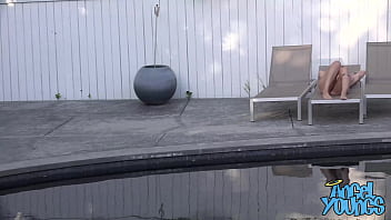 Busty blonde angel youngs sucks huge cock outside by the pool and begs for facial