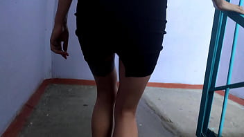 Sexy babe deep blowjob on staircase public sex