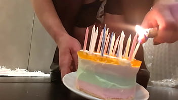 Strong stream pee on candles on cakes for my birthday in super high heels and stockings