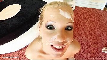 Messy facial end for kasey on cum for cover from a group of guys