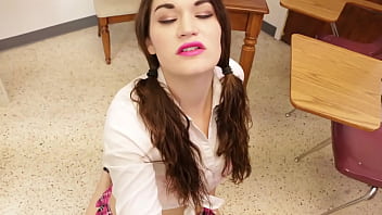 Kendra heart cute coed works to get an "a" from teacher pov blowjob and cum load swallow